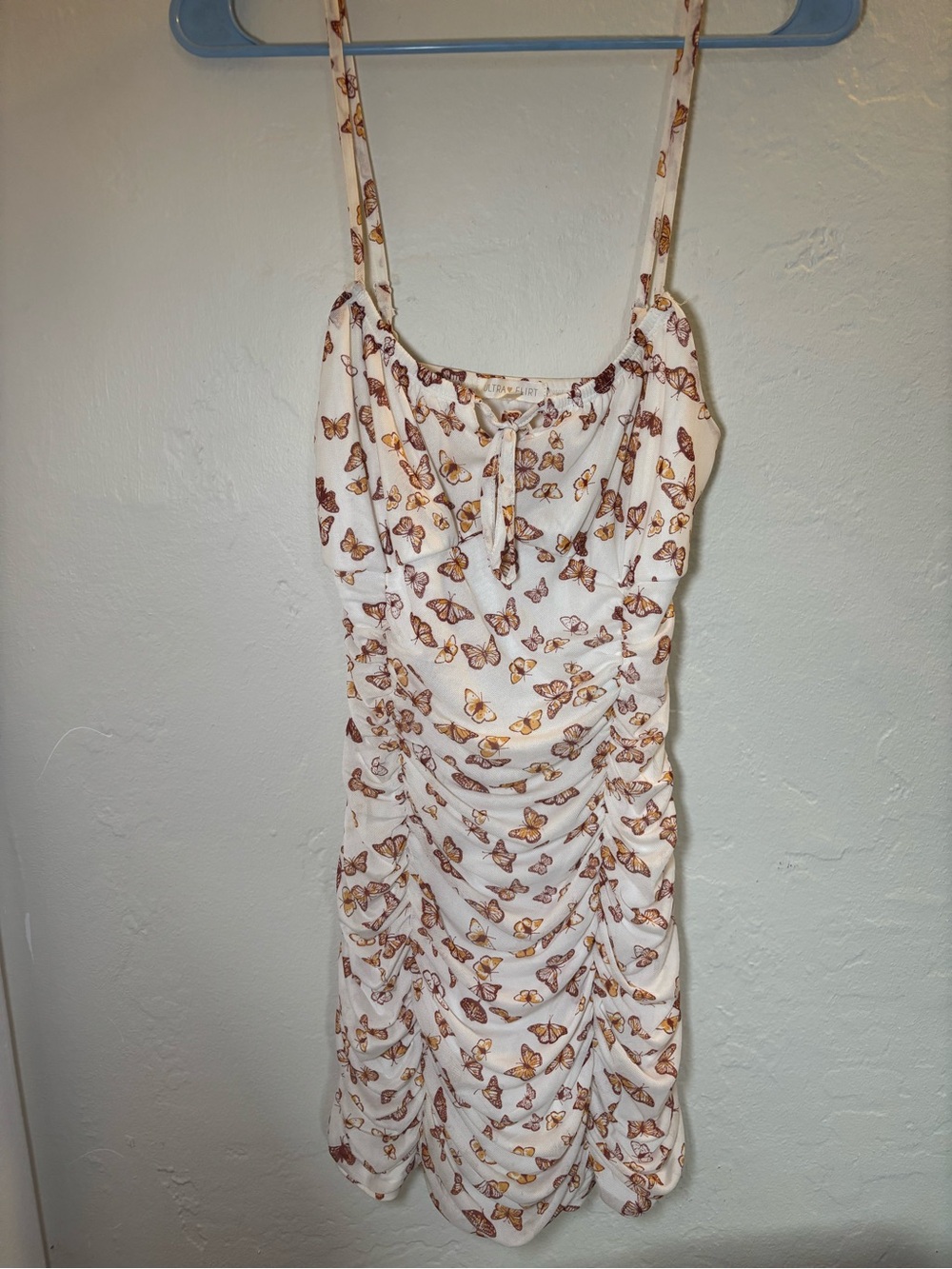 White Butterfly-Print Ruched Slip Dress